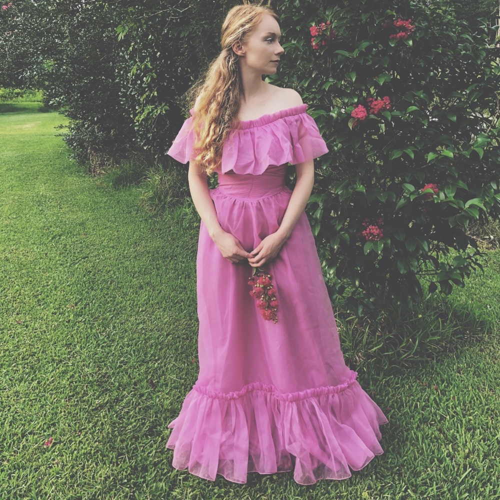 Vintage Magenta off the shoulder long ruffle dress